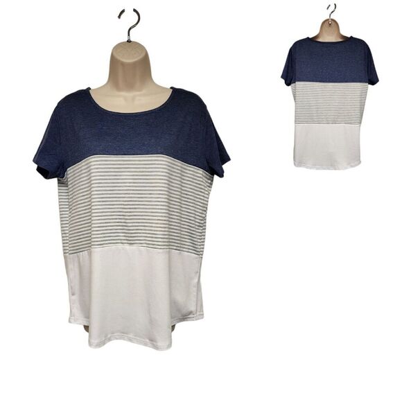Yun Jey Women's Blue White Grey Stripe Short Sleeve T- Shirt - Size Large - Picture 3 of 8